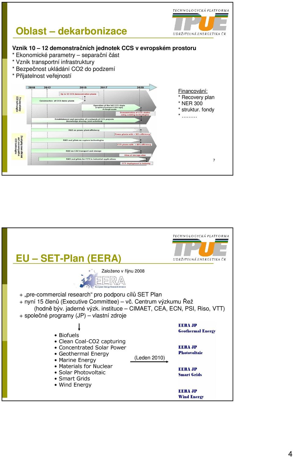 fondy * 7 EU SET-Plan (EERA) Založeno v říjnu 2008 + pre-commercial research pro podporu cílů SET Plan + nyní 15 členů (Executive Committee) vč. Centrum výzkumu Řež (hodně býv.