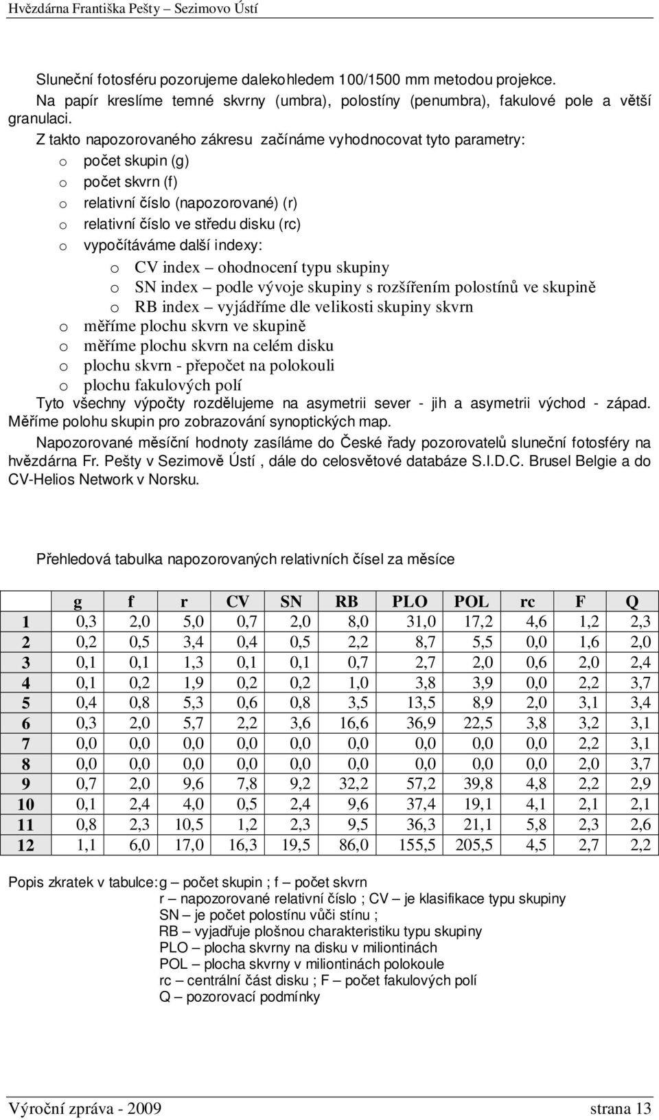 další indexy: o CV index ohodnocení typu skupiny o SN index podle vývoje skupiny s rozšířením polostínů ve skupině o RB index vyjádříme dle velikosti skupiny skvrn o měříme plochu skvrn ve skupině o
