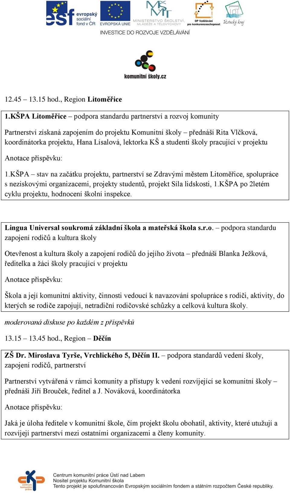 studenti školy pracující v projektu 1.KŠPA stav na začátku projektu, partnerství se Zdravými městem Litoměřice, spolupráce s neziskovými organizacemi, projekty studentů, projekt Síla lidskosti, 1.