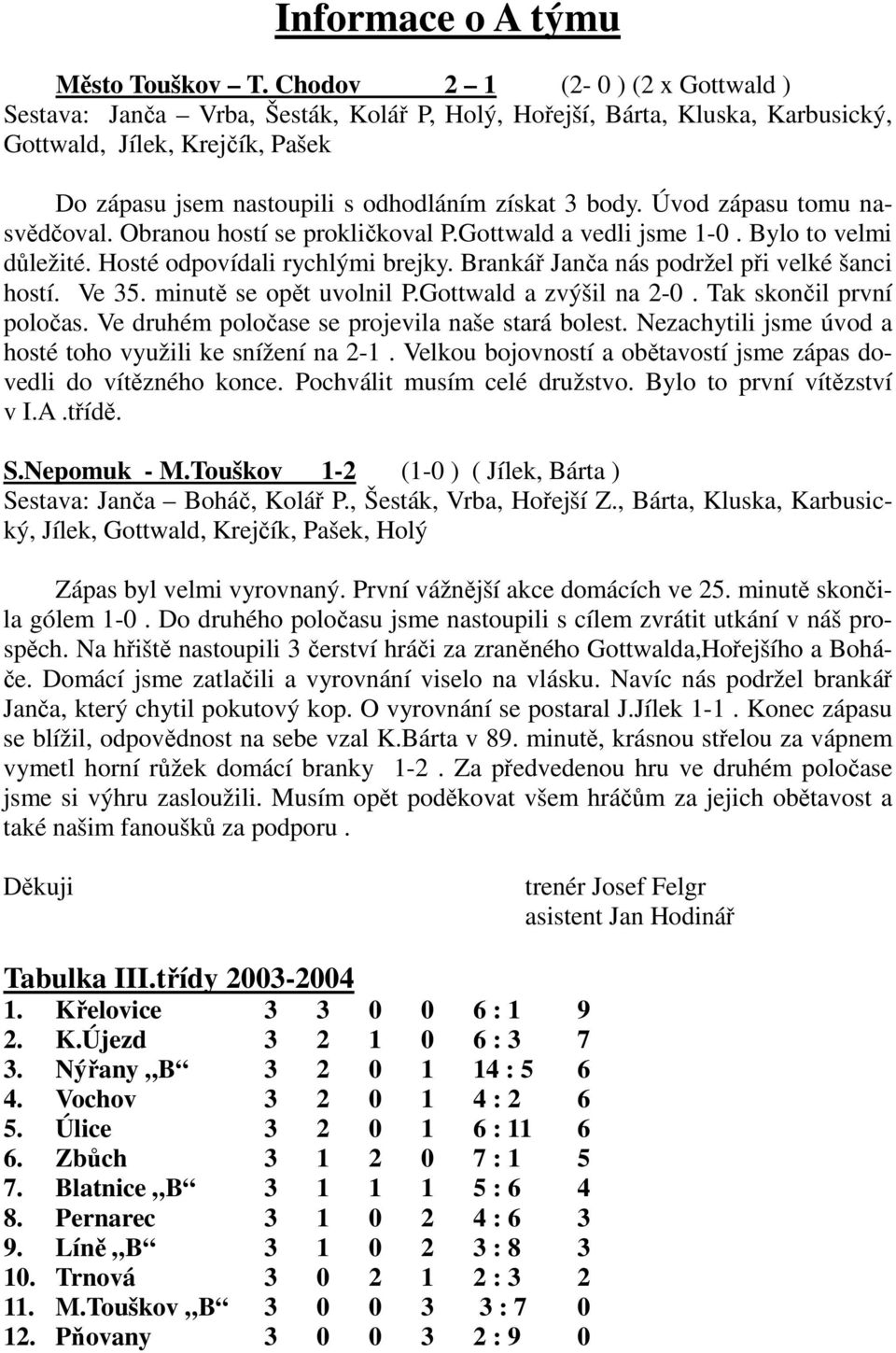 Úvod zápasu tomu nasvědčoval. Obranou hostí se prokličkoval P.Gottwald a vedli jsme 1-0. Bylo to velmi důležité. Hosté odpovídali rychlými brejky. Brankář Janča nás podržel při velké šanci hostí.