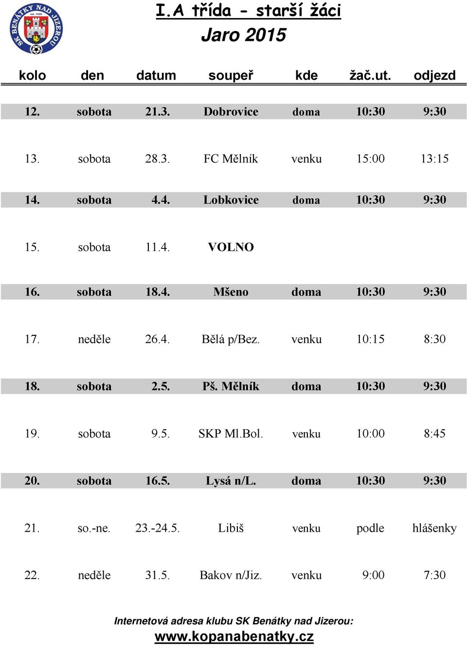 venku 10:15 8:30 18. sobota 2.5. Pš. Mělník doma 10:30 9:30 19. sobota 9.5. SKP Ml.Bol. venku 10:00 8:45 20. sobota 16.5. Lysá n/l.
