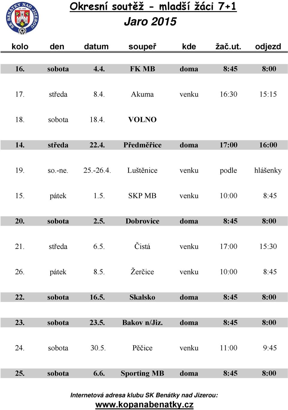 sobota 2.5. Dobrovice doma 8:45 8:00 21. středa 6.5. Čistá venku 17:00 15:30 26. pátek 8.5. Žerčice venku 10:00 8:45 22. sobota 16.5. Skalsko doma 8:45 8:00 23.
