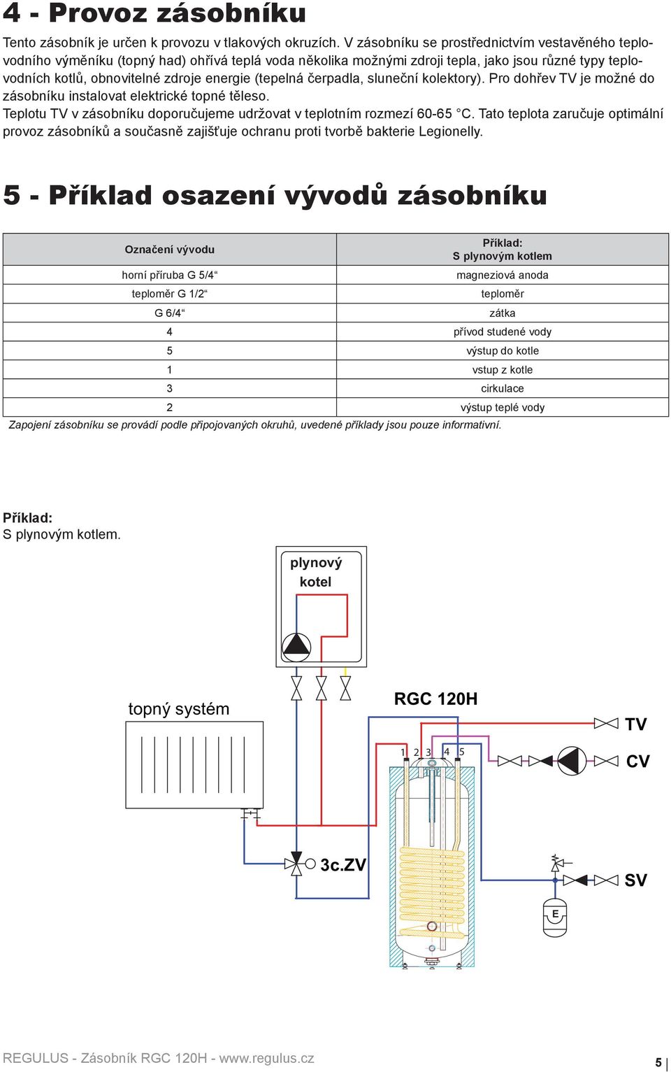 (tepelná čerpadla, sluneční kolektory). Pro dohřev TV je možné do zásobníku instalovat elektrické topné těleso. Teplotu TV v zásobníku doporučujeme udržovat v teplotním rozmezí 60-65 C.