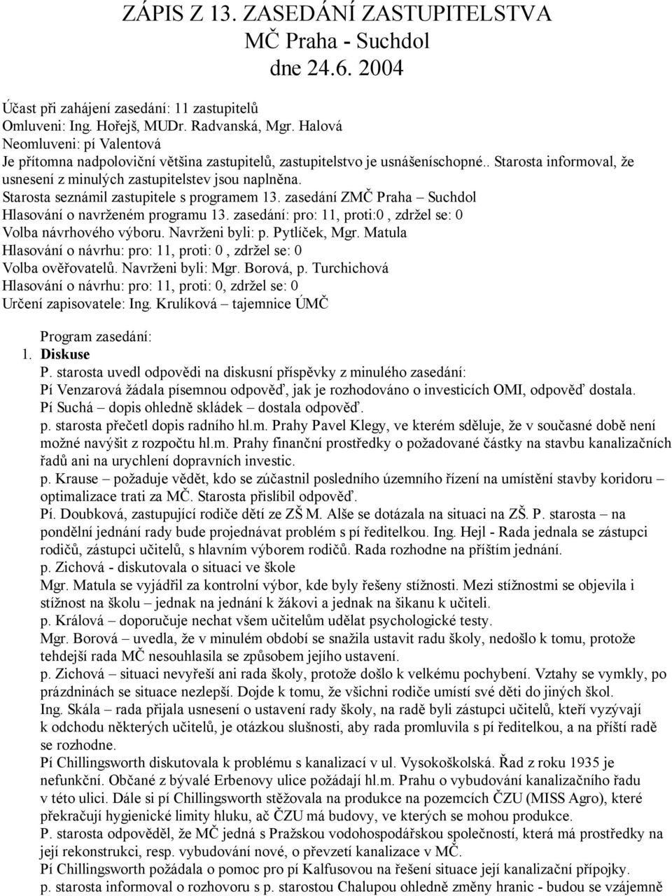 Starosta seznámil zastupitele s programem 13. zasedání ZMČ Praha Suchdol Hlasování o navrženém programu 13. zasedání: pro: 11, proti:0, zdržel se: 0 Volba návrhového výboru. Navrženi byli: p.