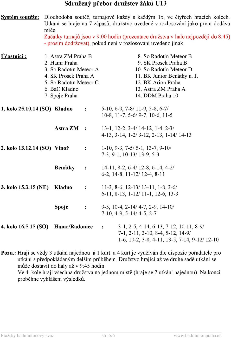 Začátky turnajů jsou v 9:00 hodin (prezentace družstva v hale nejpozději do 8:45) - prosím dodržovat), pokud není v rozlosování uvedeno jinak. Účastníci : 1. Astra ZM Praha B 8. So Radotín Meteor B 2.