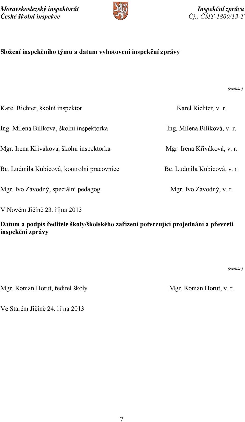 Ludmila Kubicová, kontrolní pracovnice Bc. Ludmila Kubicová, v. r. Mgr. Ivo Závodný, speciální pedagog Mgr. Ivo Závodný, v. r. V Novém Jičíně 23.