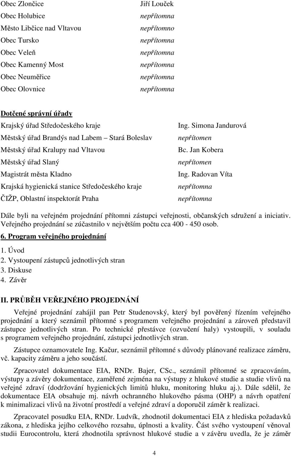 inspektorát Praha Ing. Simona Jandurová nepřítomen Bc. Jan Kobera nepřítomen Ing. Radovan Víta Dále byli na veřejném projednání přítomni zástupci veřejnosti, občanských sdružení a iniciativ.