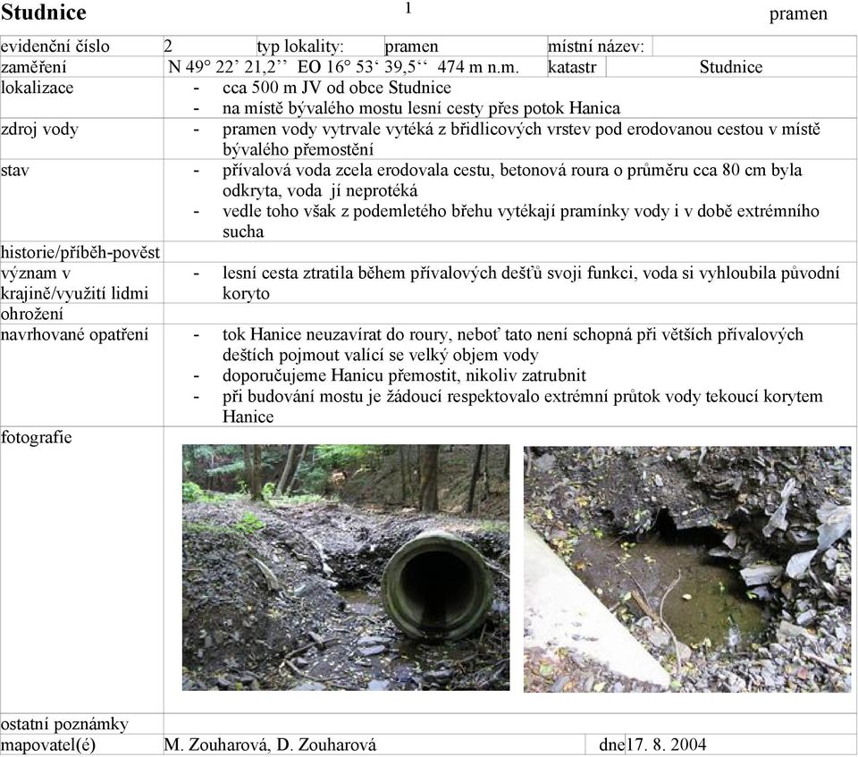 průměru cca 80 cm byla odkryta, voda jí neprotéká - vedle toho však z podemletého břehu vytékají pramínky vody i v době extrémního sucha 1 - lesní cesta ztratila během přívalových dešťů svoji funkci,