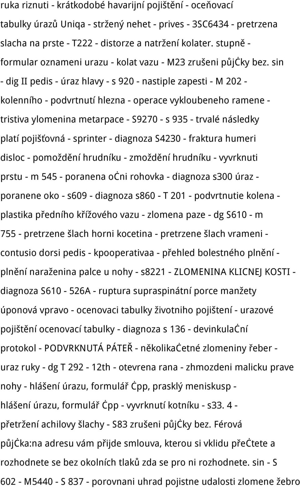 sin - dig II pedis - úraz hlavy - s 920 - nastiple zapesti - M 202 - kolenního - podvrtnutí hlezna - operace vykloubeneho ramene - tristiva ylomenina metarpace - S9270 - s 935 - trvalé následky platí