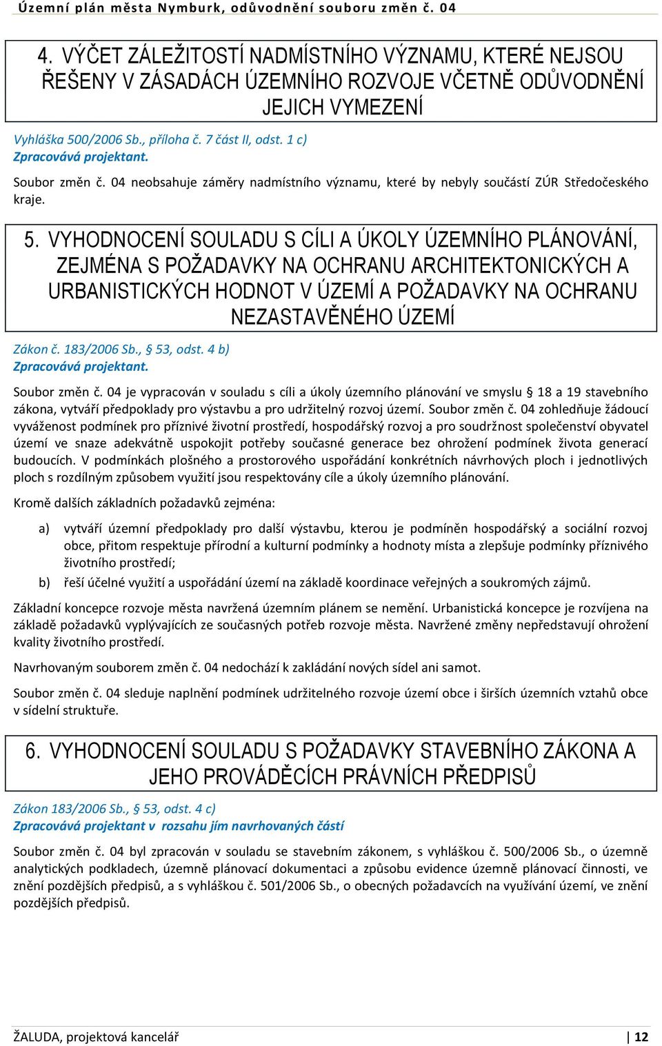 VYHODNOCENÍ SOULADU S CÍLI A ÚKOLY ÚZEMNÍHO PLÁNOVÁNÍ, ZEJMÉNA S POŽADAVKY NA OCHRANU ARCHITEKTONICKÝCH A URBANISTICKÝCH HODNOT V ÚZEMÍ A POŽADAVKY NA OCHRANU NEZASTAVĚNÉHO ÚZEMÍ Zákon č. 183/2006 Sb.