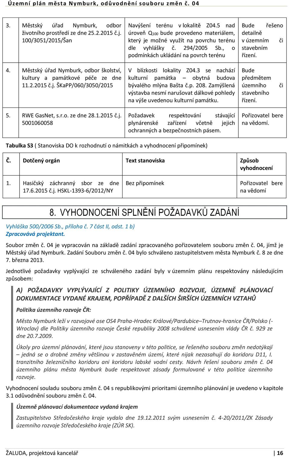 , o podmínkách ukládání na povrch terénu Bude řešeno detailně v územním či stavebním řízení. 4. Městský úřad Nymburk, odbor školství, kultury a památkové péče ze dne 11.2.2015 č.j.