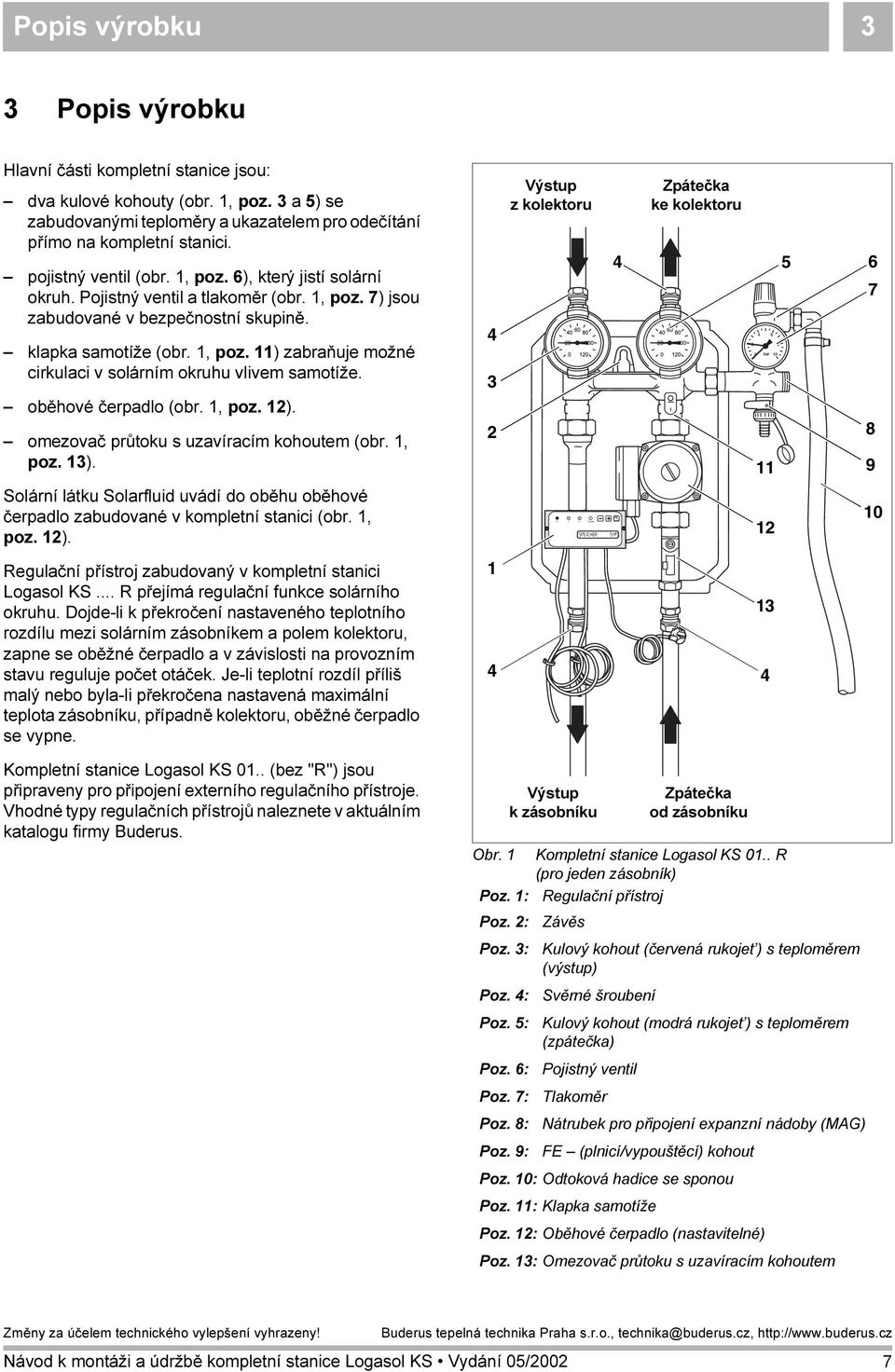 oběhové čerpadlo (obr., poz. 2). omezovač průtoku s uzavíracím kohoutem (obr., poz. 3). Solární látku Solarfluid uvádí do oběhu oběhové čerpadlo zabudované v kompletní stanici (obr., poz. 2). Regulační přístroj zabudovaný v kompletní stanici Logasol KS.