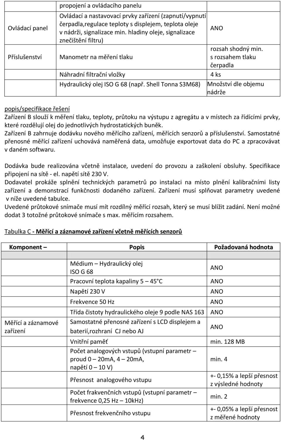 s rozsahem tlaku čerpadla 4 ks Množství dle objemu nádrže popis/specifikace řešení Zařízení B slouží k měření tlaku, teploty, průtoku na výstupu z agregátu a v místech za řídícími prvky, které