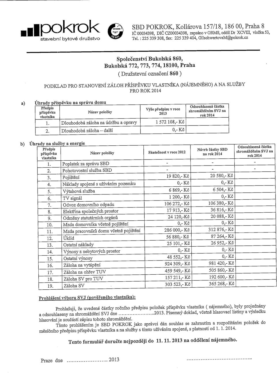 cz Spolecenstvi Bukolska 860, Bukolska 772, 773, 774,18100, Praha ( Druzstevni oznaceni 860 ) PODKLAD PRO STANOVENIZALOH PRISPEVKU VLASTNIKA (NAJEMNEHO) A NA SLUZBY PROROK2014 a) Uhrady pfispsvku na