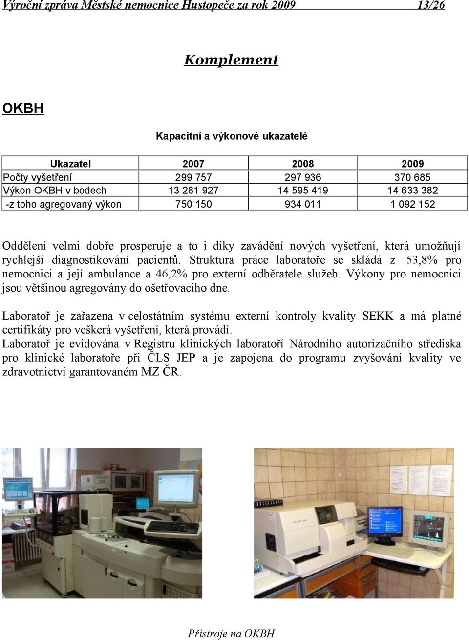 Struktura práce laboratoře se skládá z 53,8% pro nemocnici a její ambulance a 46,2% pro externí odběratele služeb. Výkony pro nemocnici jsou většinou agregovány do ošetřovacího dne.