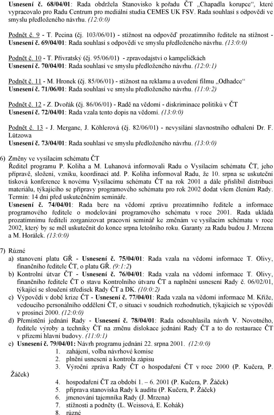 69/04/01: Rada souhlasí s odpovědí ve smyslu předloženého návrhu. (13:0:0) Podnět č. 10 - T. Přívratský (čj. 95/06/01) - zpravodajství o kampeličkách Usnesení č.