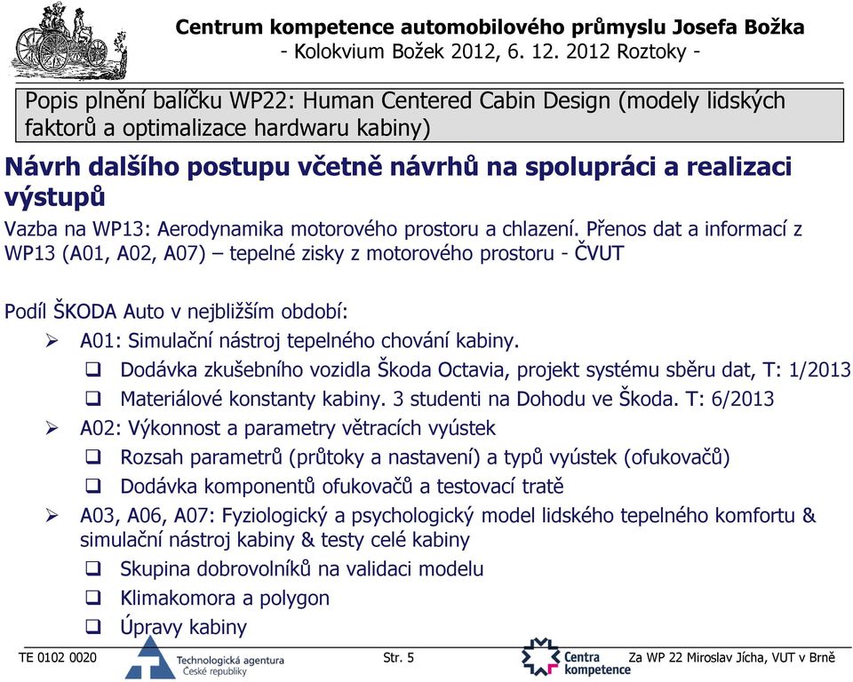 Dodávka zkušebního vozidla Škoda Octavia, projekt systému sběru dat, T: 1/2013 Materiálové konstanty kabiny. 3 studenti na Dohodu ve Škoda.