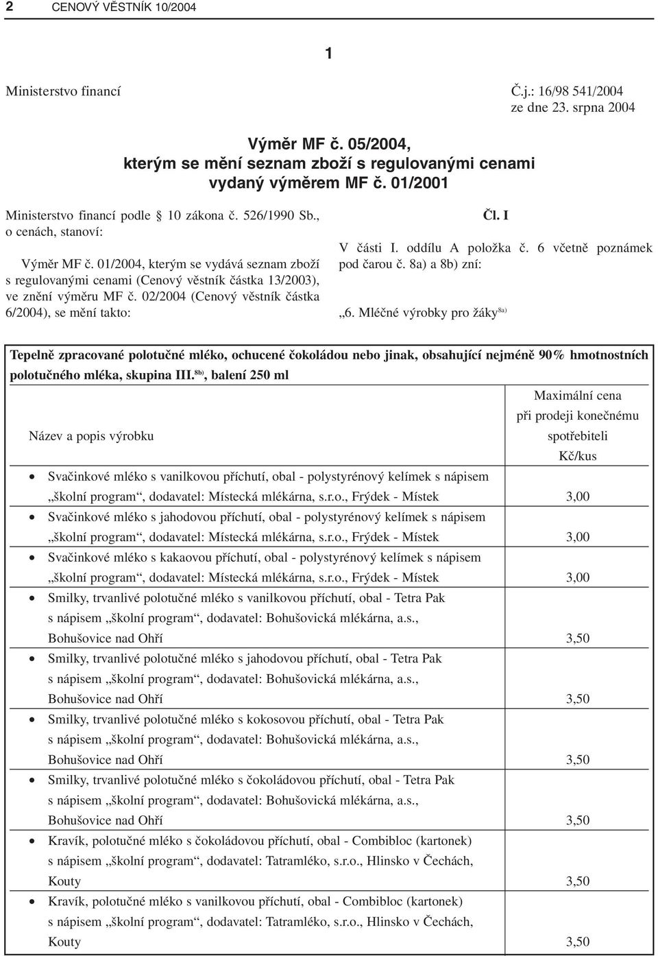 01/2004, kterým se vydává seznam zboží s regulovanými cenami (Cenový věstník částka 13/2003), ve znění výměru MF č. 02/2004 (Cenový věstník částka 6/2004), se mění takto: Čl. I V části I.