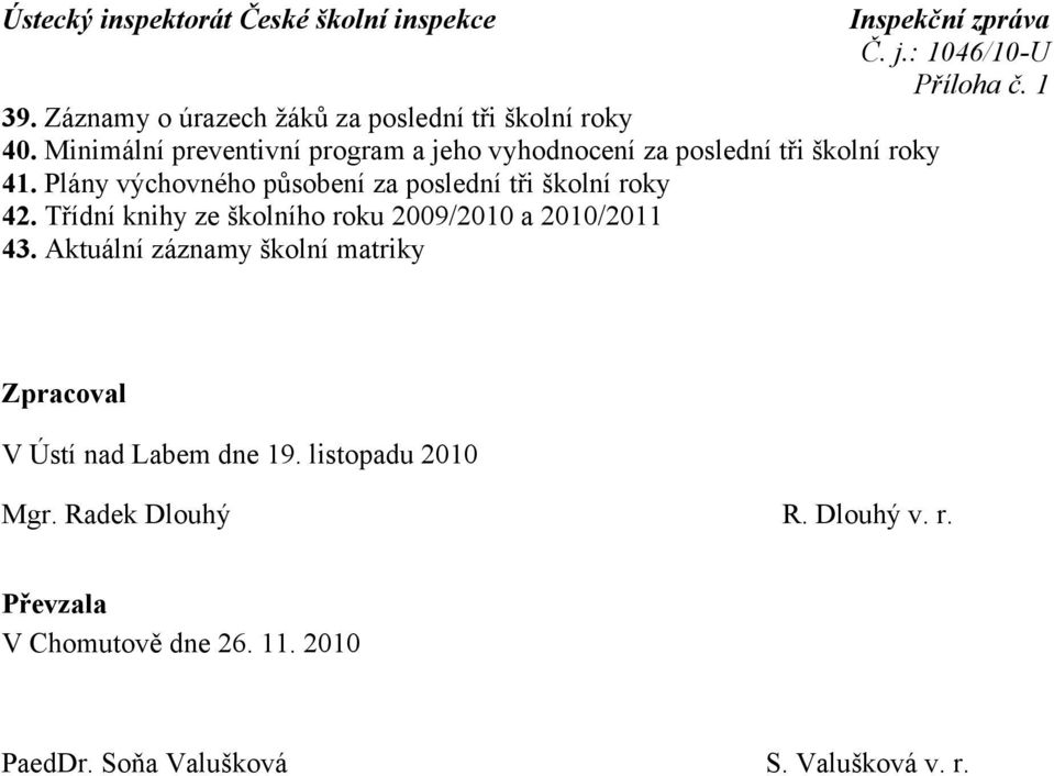 Plány výchovného působení za poslední tři školní roky 42. Třídní knihy ze školního roku 2009/2010 a 2010/2011 43.