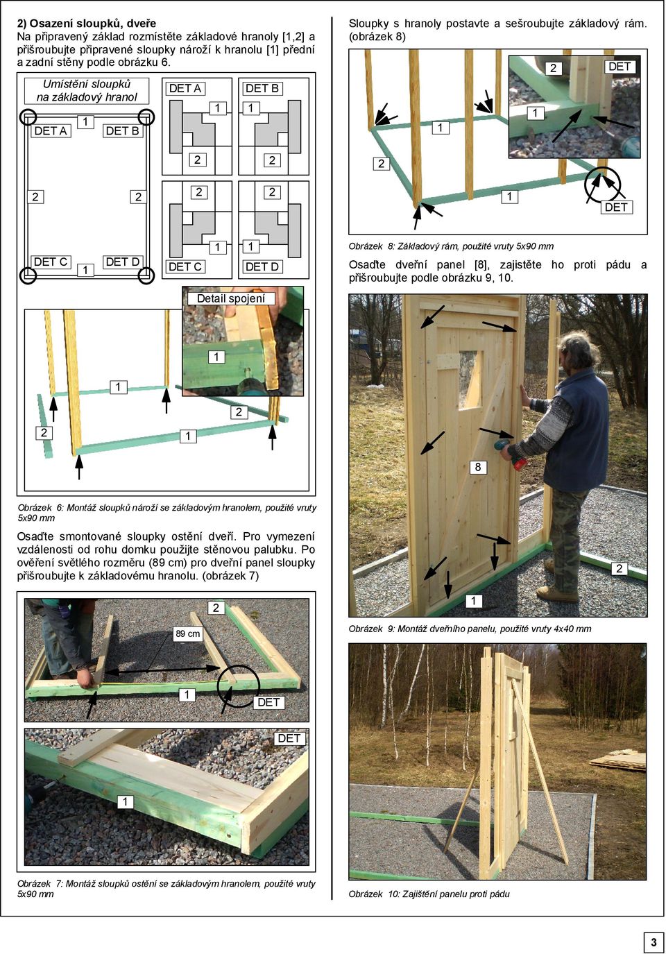 (obrázek 8) C Obrázek 8: Základový rám, použité vruty x90 mm D Osaďte dveřní panel [8], zajistěte ho proti pádu a přišroubujte podle obrázku 9, 0.