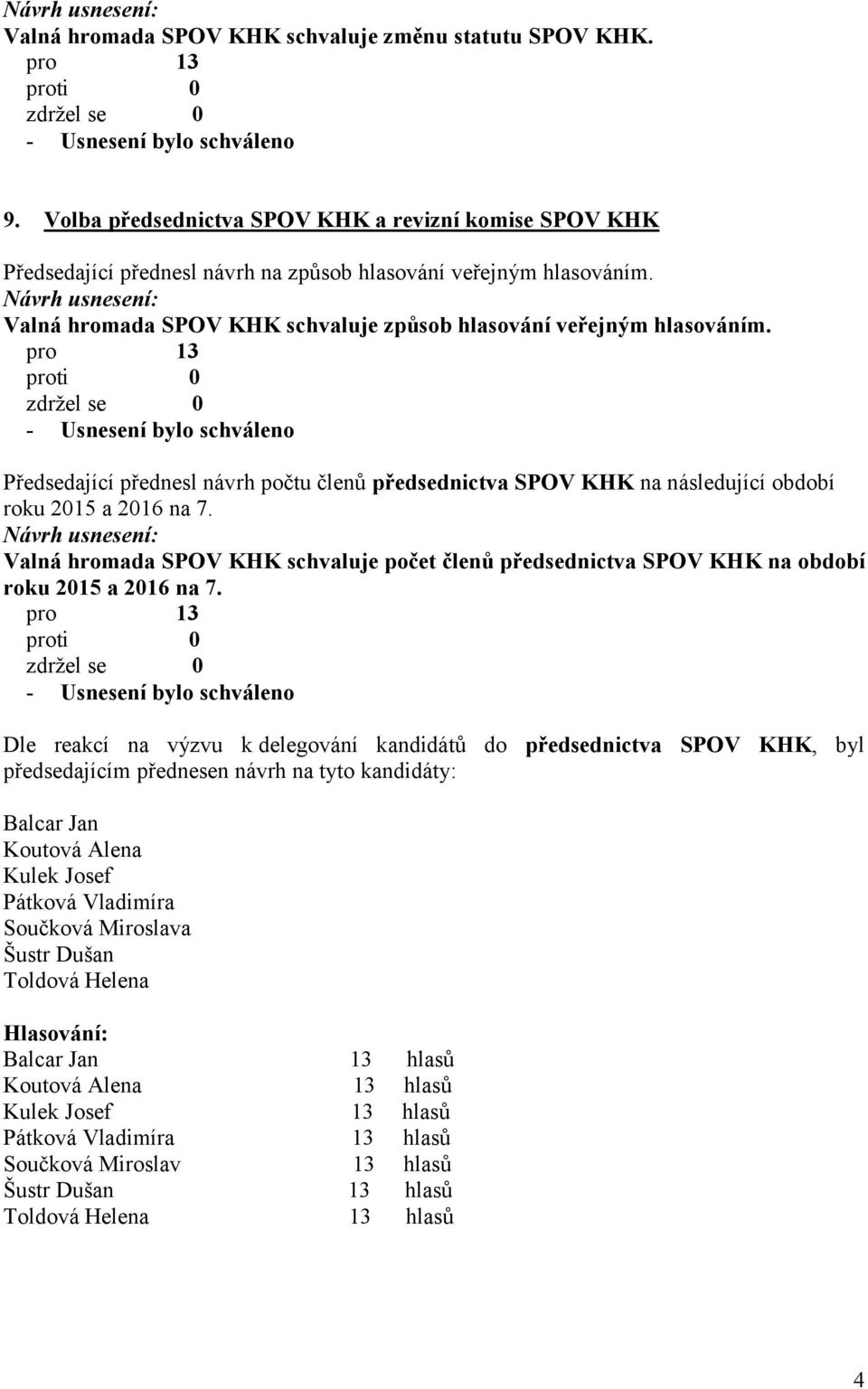 Valná hromada SPOV KHK schvaluje počet členů předsednictva SPOV KHK na období roku 2015 a 2016 na 7.