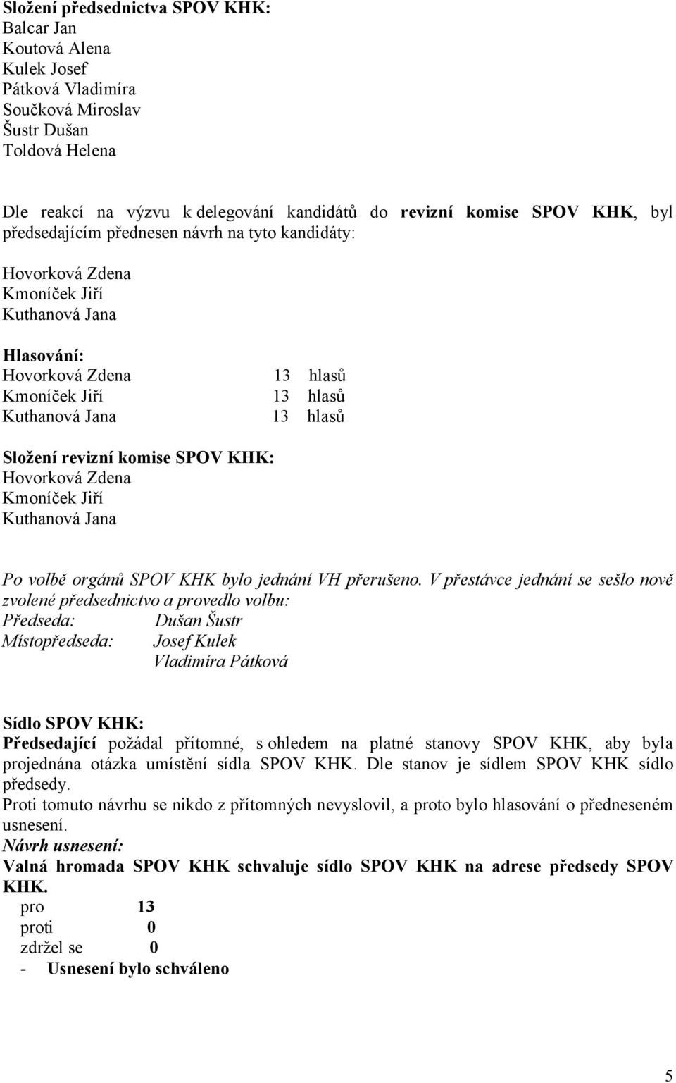 revizní komise SPOV KHK: Hovorková Zdena Kmoníček Jiří Kuthanová Jana Po volbě orgánů SPOV KHK bylo jednání VH přerušeno.