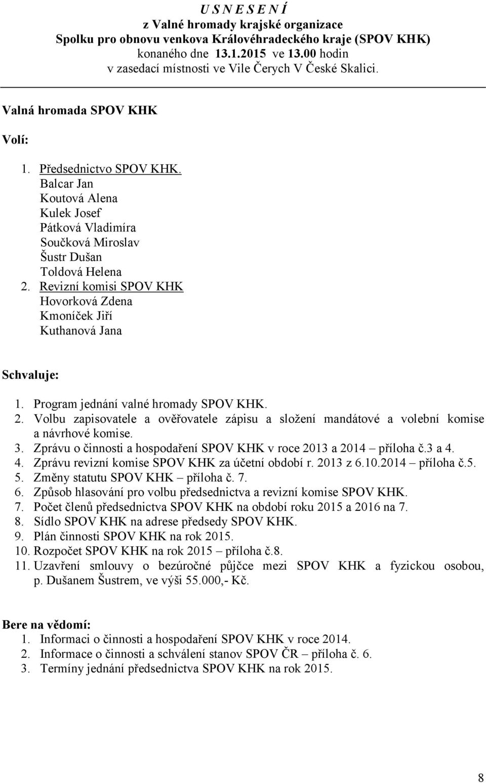 Balcar Jan Koutová Alena Kulek Josef Pátková Vladimíra Součková Miroslav Šustr Dušan Toldová Helena 2. Revizní komisi SPOV KHK Hovorková Zdena Kmoníček Jiří Kuthanová Jana Schvaluje: 1.