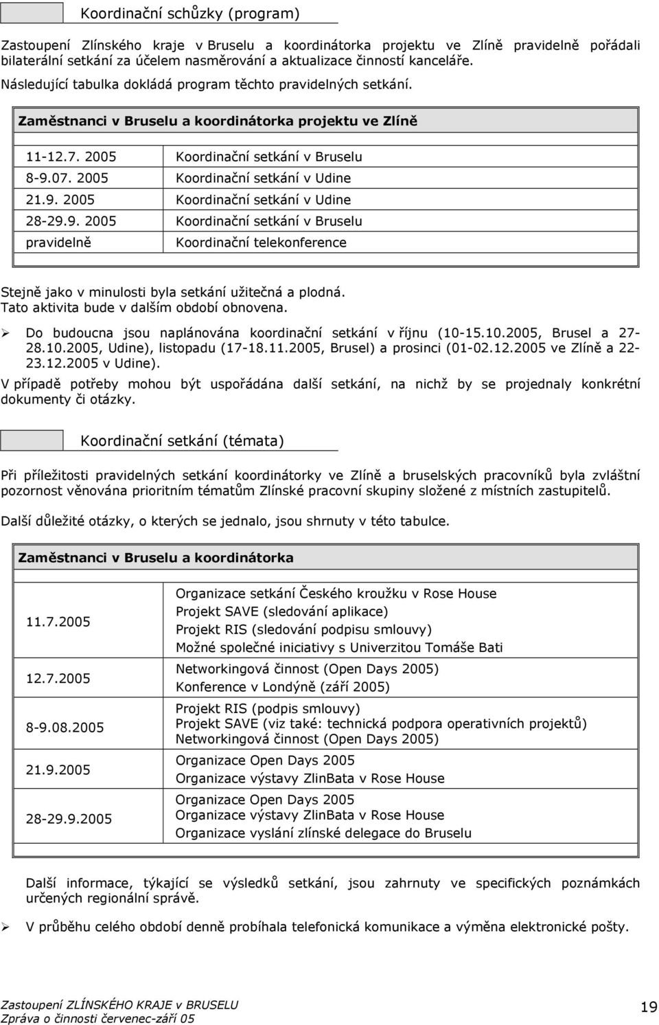 2005 Koordinační setkání v Udine 21.9. 2005 Koordinační setkání v Udine 28-29.9. 2005 Koordinační setkání v Bruselu pravidelně Koordinační telekonference Stejně jako v minulosti byla setkání užitečná a plodná.