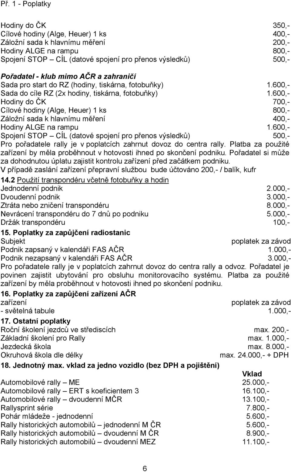 600,- Hodiny do ČK 700,- Cílové hodiny (Alge, Heuer) 1 ks 800,- Záložní sada k hlavnímu měření 400,- Hodiny ALGE na rampu 1.