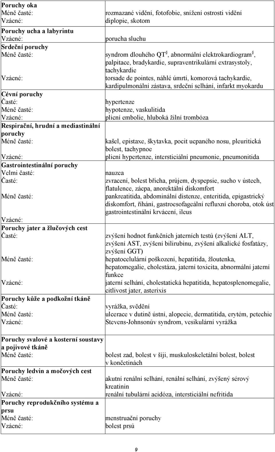 bradykardie, supraventrikulární extrasystoly, tachykardie torsade de pointes, náhlé úmrtí, komorová tachykardie, kardipulmonální zástava, srdeční selhání, infarkt myokardu hypertenze hypotenze,