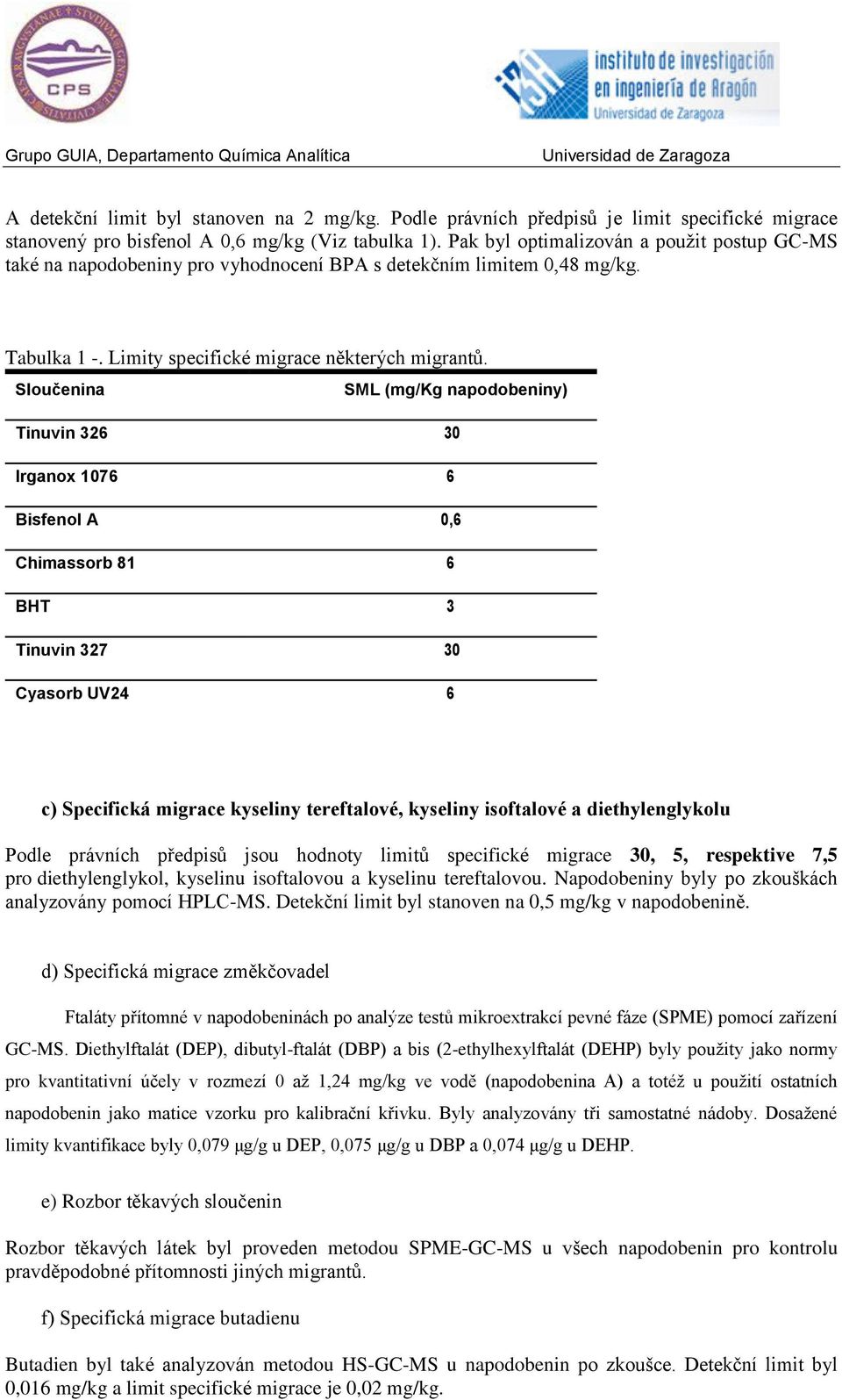 Sloučenina SML (mg/kg napodobeniny) Tinuvin 326 30 Irganox 1076 6 Bisfenol A 0,6 Chimassorb 81 6 BHT 3 Tinuvin 327 30 Cyasorb UV24 6 c) Specifická migrace kyseliny tereftalové, kyseliny isoftalové a