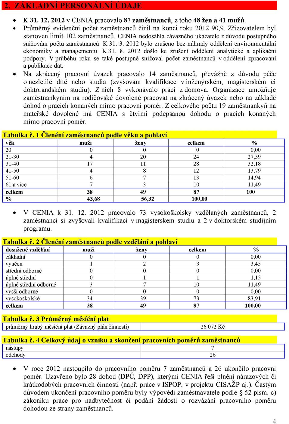 . 3. 2012 bylo zrušeno bez náhrady oddělení environmentální ekonomiky a managementu. K 31. 8. 2012 došlo ke zrušení oddělení analytické a aplikační podpory.