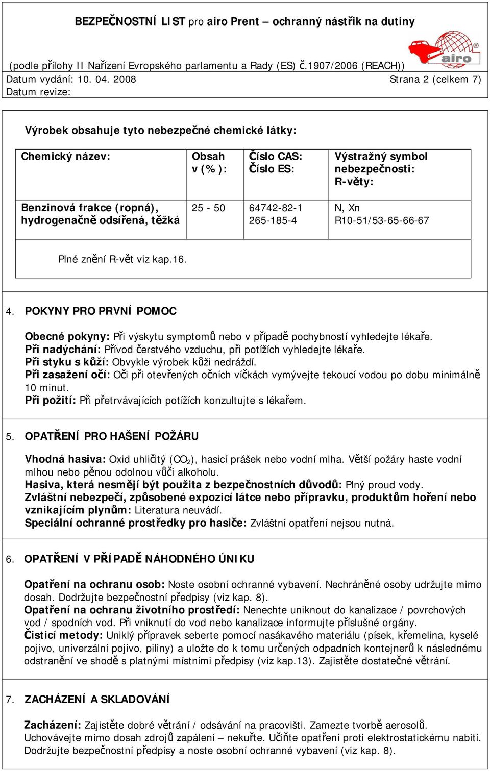 hydrogenačně odsířená, těžká 25-50 64742-82-1 265-185-4 N, Xn R10-51/53-65-66-67 Plné znění R-vět viz kap.16. 4.