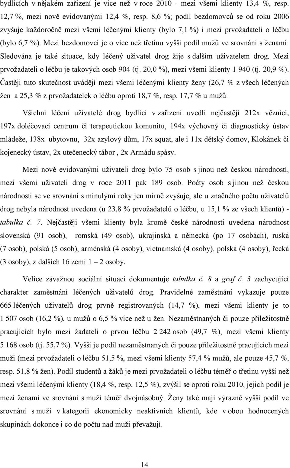 Mezi bezdomovci je o více než třetinu vyšší podíl mužů ve srovnání s ženami. Sledována je také situace, kdy léčený uživatel drog žije s dalším uživatelem drog.