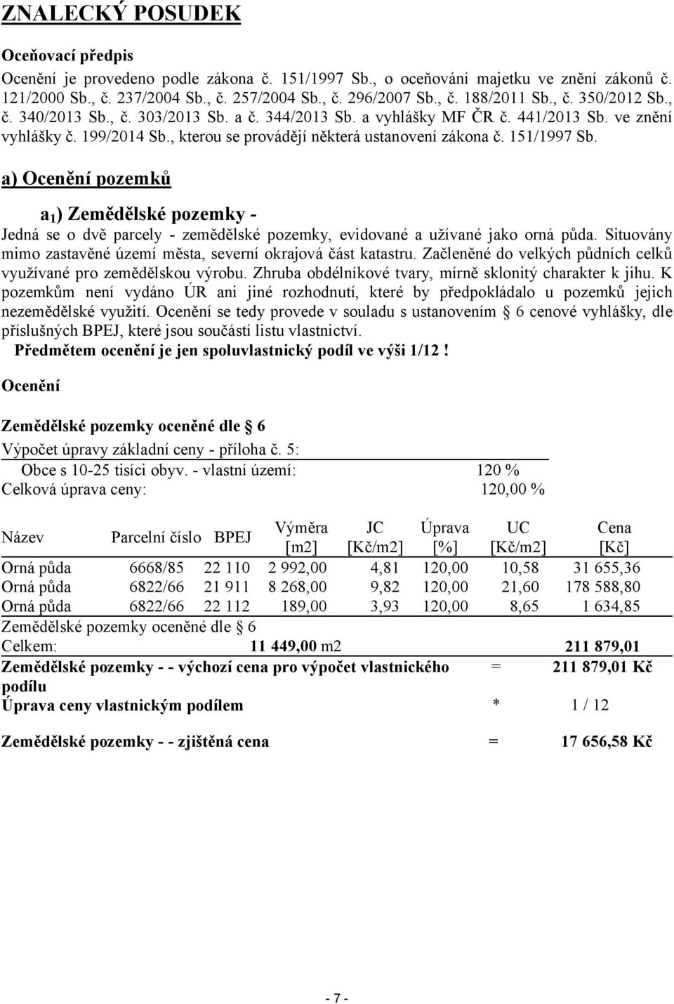 a) Ocenění pozemků a1) Zemědělské pozemky - Jedná se o dvě parcely - zemědělské pozemky, evidované a užívané jako orná půda. Situovány mimo zastavěné území města, severní okrajová část katastru.