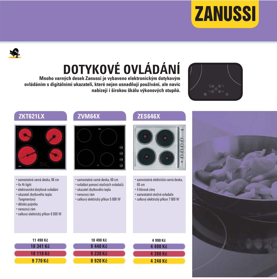 ZKT621LX ZVM64X ZES646X samostatná varná deska, 60 cm 4x Hi-light elektronické dotykové ovládání ukazatel zbytkového tepla: 7segmentový dětská pojistka nerezový rám celkový elektrický příkon 6