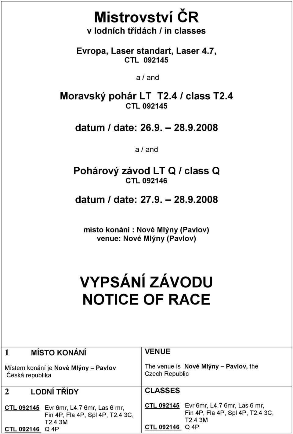 ZÁVODU NOTICE OF RACE 1 MÍSTO KONÁNÍ Místem konání je Nové Mlýny Pavlov Česká republika 2 LODNÍ TŘÍDY Evr 6mr, L4.