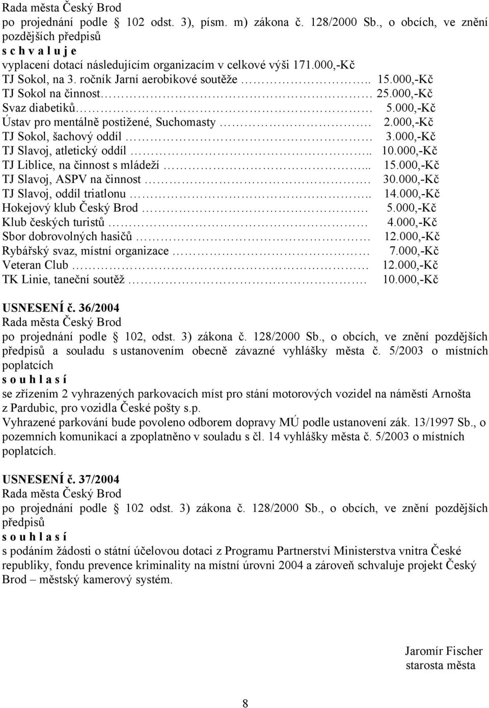 000,-Kč TJ Slavoj, atletický oddíl.. 10.000,-Kč TJ Liblice, na činnost s mládeží... 15.000,-Kč TJ Slavoj, ASPV na činnost. 30.000,-Kč TJ Slavoj, oddíl triatlonu.. 14.000,-Kč Hokejový klub Český Brod.