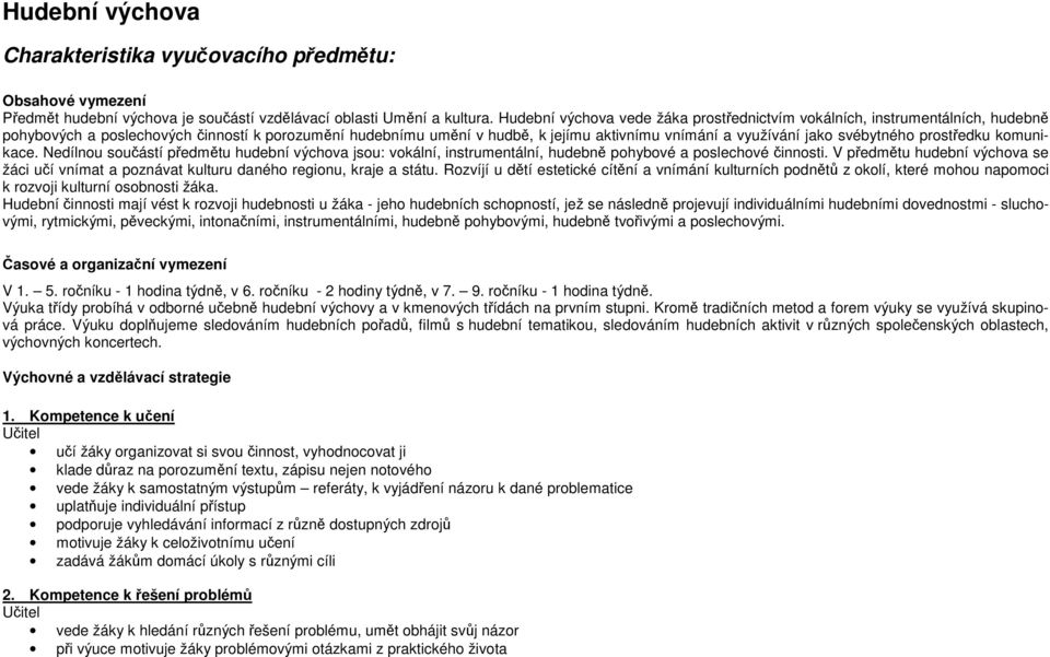 svébytného prostředku komunikace. Nedílnou součástí předmětu hudební výchova jsou: vokální, instrumentální, hudebně pohybové a poslechové činnosti.