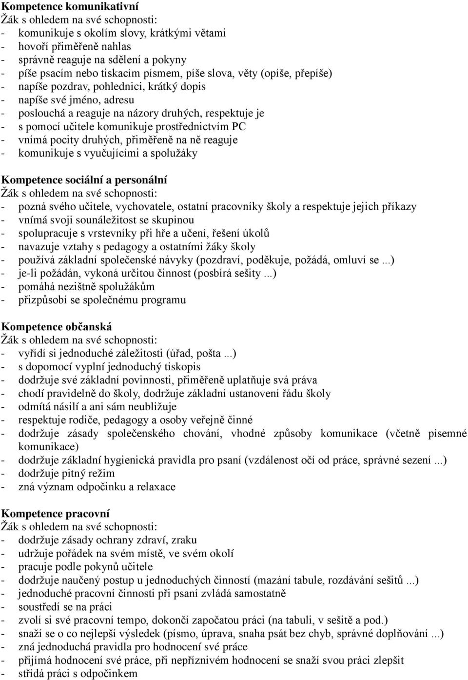 druhých, přiměřeně na ně reaguje - komunikuje s vyučujícími a spolužáky Kompetence sociální a personální - pozná svého učitele, vychovatele, ostatní pracovníky školy a respektuje jejich příkazy -