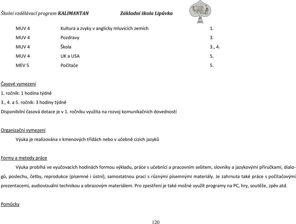 ročníku využita na rozvoj komunikačních dovedností Organizační vymezení Výuka je realizována v kmenových třídách nebo v učebně cizích jazyků Formy a metody práce Výuka probíhá ve vyučovacích hodinách