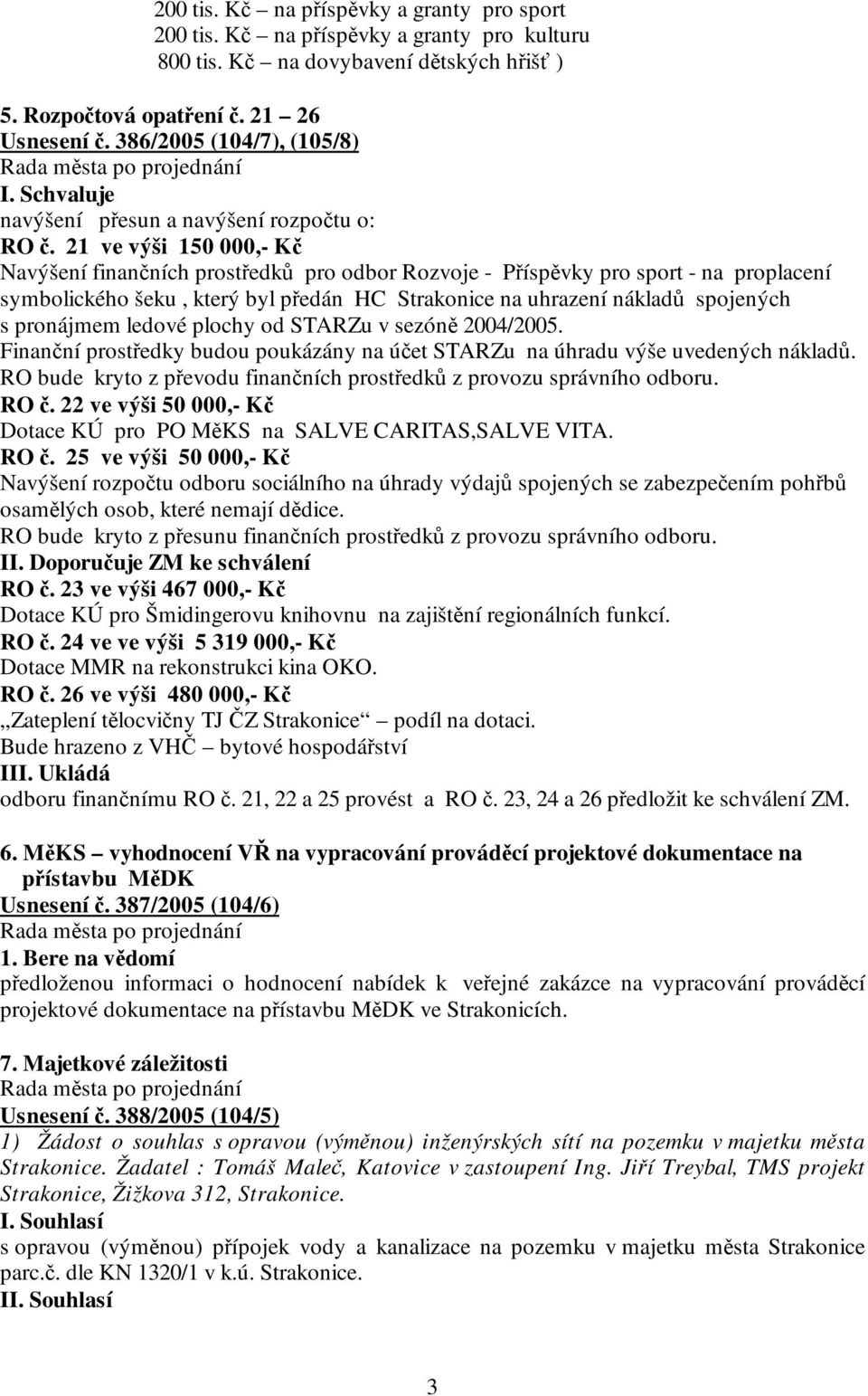 21 ve výši 150 000,- Kč Navýšení finančních prostředků pro odbor Rozvoje - Příspěvky pro sport - na proplacení symbolického šeku, který byl předán HC Strakonice na uhrazení nákladů spojených s