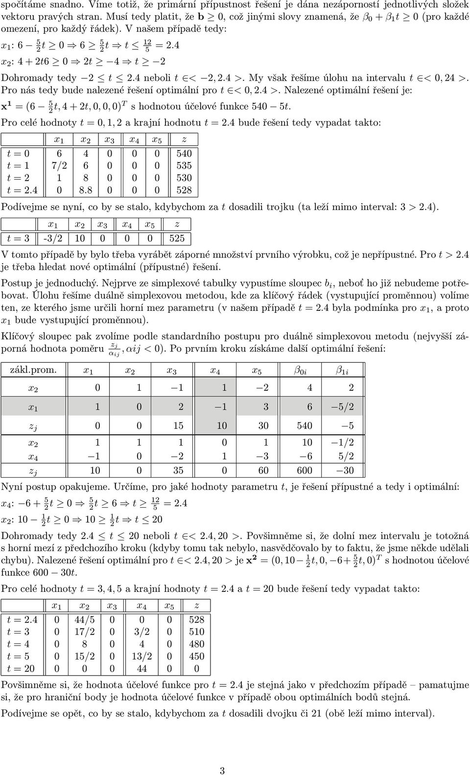 4 x 2 : 4 + 2t6 0 2t 4 t 2 Dohromady tedy 2 t 2.4 neboli t < 2, 2.4 >. My však řešíme úlohu na intervalu t < 0, 24 >. Pro nás tedy bude nalezené řešení optimální pro t < 0, 2.4 >. Nalezené optimální řešení je: x 1 = (6 5 2 t, 4 + 2t, 0, 0, 0)T s hodnotou účelové funkce 540 5t.