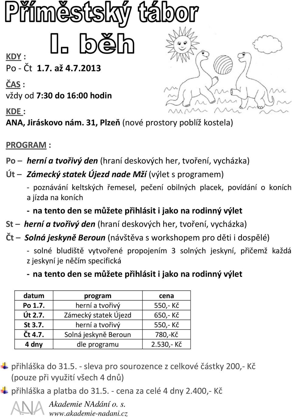 pečení obilných placek, povídání o koních a jízda na koních na tento den se můžete přihlásit i jako na rodinný výlet St herní a tvořivý den (hraní deskových her, tvoření, vycházka) Čt Solná jeskyně