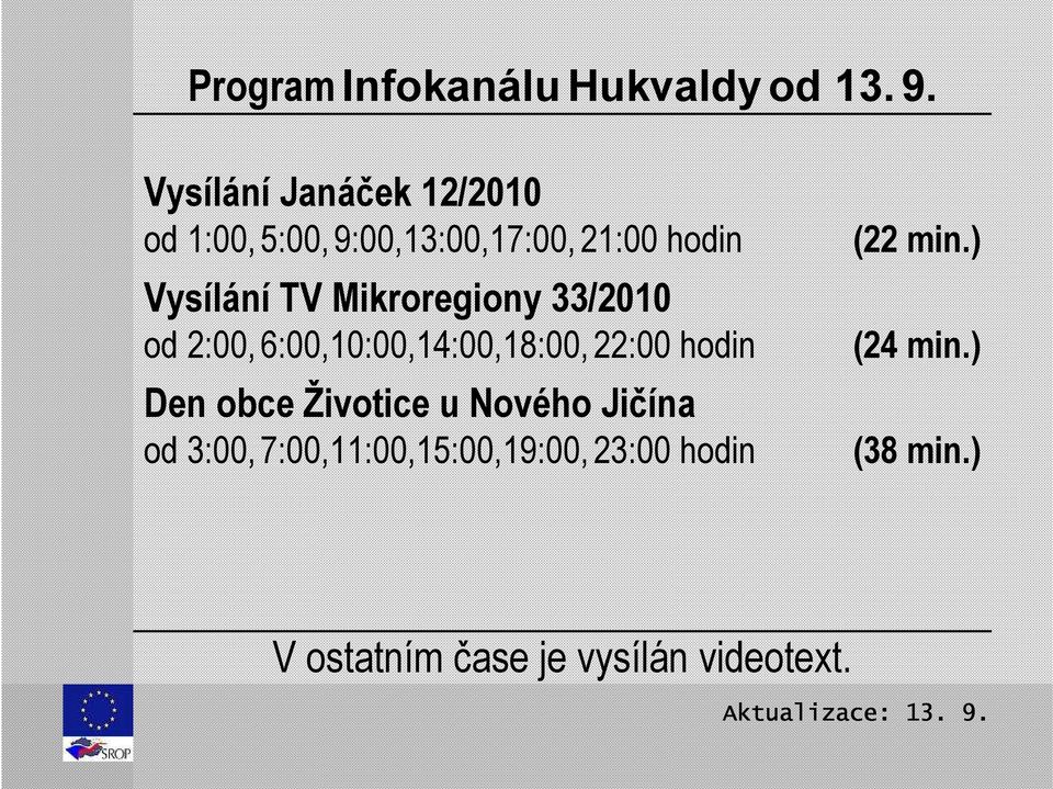 Mikroregiony 33/2010 od 2:00,6:00,10:00,14:00,18:00,22:00 hodin Den obce Životice