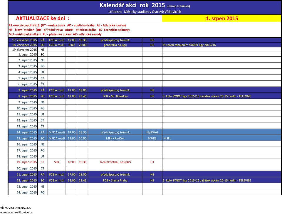 červenec 2015 SO FCB A muži 8:00 22:00 generálka na ligu HS PU před zahájením SYNOT ligy 2015/16 19. červenec 2015 NE 1. srpen 2015 SO 2. srpen 2015 NE 3. srpen 2015 PO 4. srpen 2015 ÚT 5.