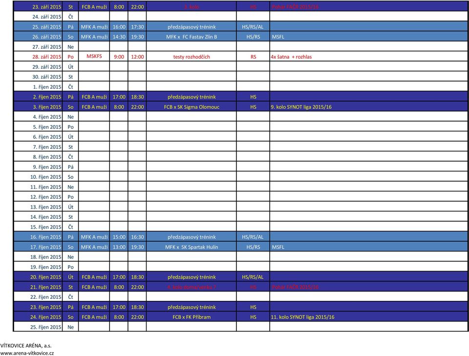 říjen 2015 Čt 2. říjen 2015 Pá FCB A muži 17:00 18:30 předzápasový trénink HS 3. říjen 2015 So FCB A muži 8:00 22:00 FCB x SK Sigma Olomouc HS 9. kolo SYNOT liga 2015/16 4. říjen 2015 Ne 5.