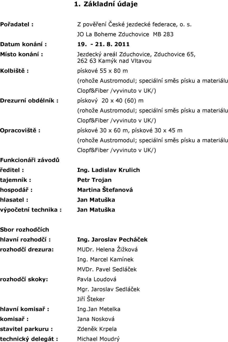 výpočetní technika : pískové 55 x 80 m (rohože Austromodul; speciální směs písku a materiálu Clopf&Fiber /vyvinuto v UK/) pískový 20 x 40 (60) m (rohože Austromodul; speciální směs písku a materiálu