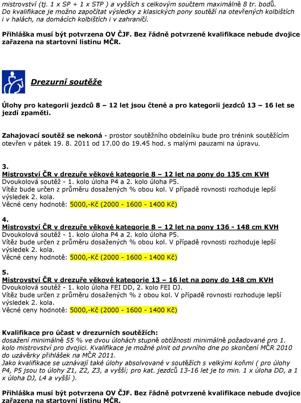 Bez řádně potvrzené kvalifikace nebude dvojice zařazena na startovní listinu MČR. Drezurní soutěže Úlohy pro kategorii jezdců 8 12 let jsou čtené a pro kategorii jezdců 13 16 let se jezdí zpaměti.