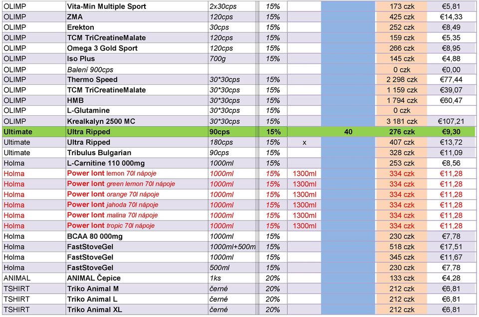 39,07 OLIMP HMB 30*30cps 15% 1 794 czk 60,47 OLIMP L-Glutamine 30*30cps 15% 0 czk OLIMP Krealkalyn 2500 MC 30*30cps 15% 3 181 czk 107,21 Ultimate Ultra Ripped 90cps 15% 40 276 czk 9,30 Ultimate Ultra